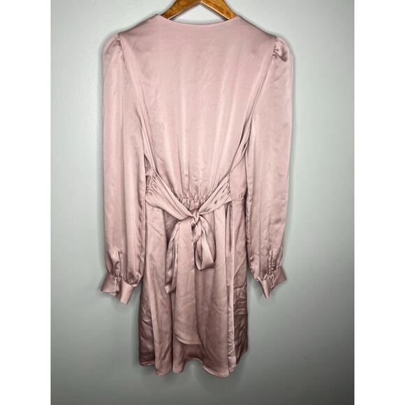 Express Satin Surplice Neck Long Sleeve Belted Wrap Dress in Color Pink Size S - Picture 2 of 5